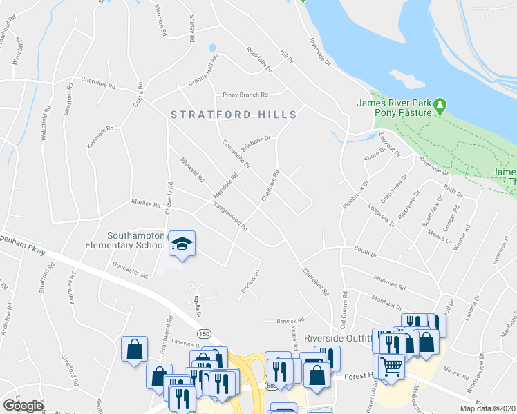 map of restaurants, bars, coffee shops, grocery stores, and more near 3500 Chellowe Road in Richmond