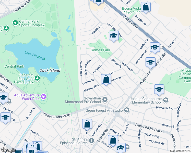 map of restaurants, bars, coffee shops, grocery stores, and more near 40740 Marino Court in Fremont