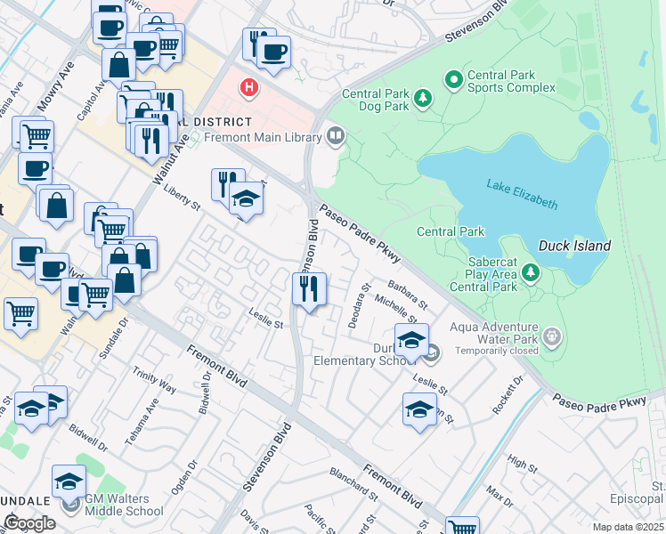 map of restaurants, bars, coffee shops, grocery stores, and more near 3400 Stevenson Boulevard in Fremont