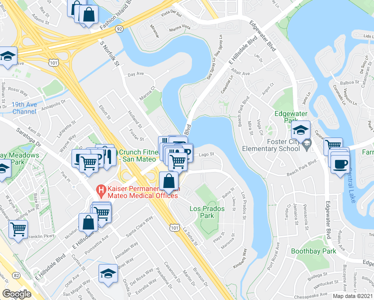 map of restaurants, bars, coffee shops, grocery stores, and more near in San Mateo