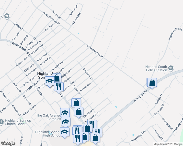 map of restaurants, bars, coffee shops, grocery stores, and more near 214 North Mapleleaf Avenue in Henrico