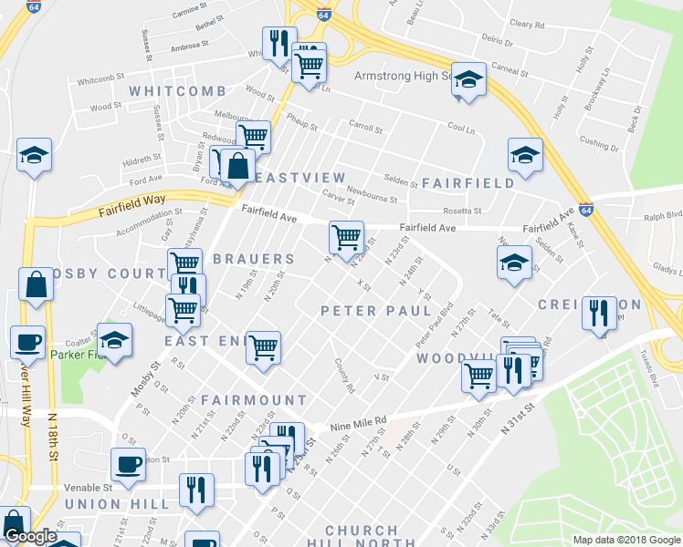 map of restaurants, bars, coffee shops, grocery stores, and more near 1800 North 22nd Street in Richmond