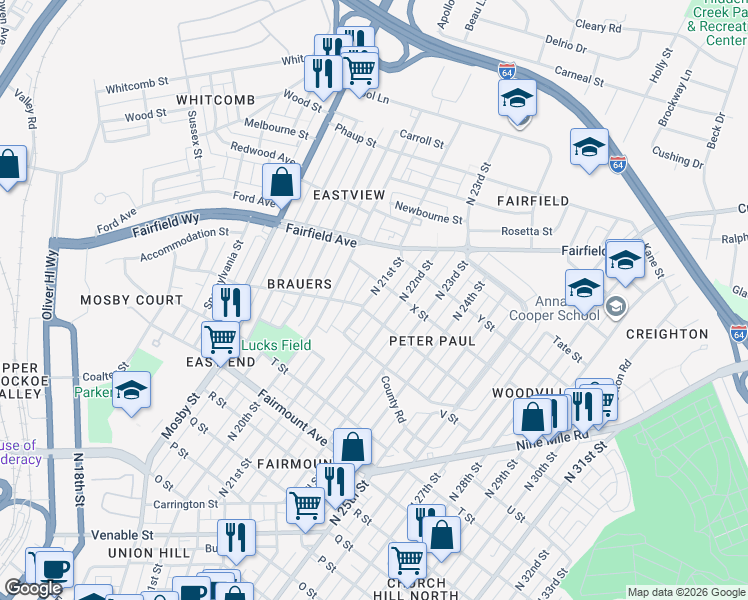 map of restaurants, bars, coffee shops, grocery stores, and more near 1710 North 21st Street in Richmond