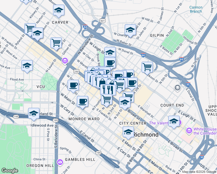 map of restaurants, bars, coffee shops, grocery stores, and more near 11 West Marshall Street in Richmond