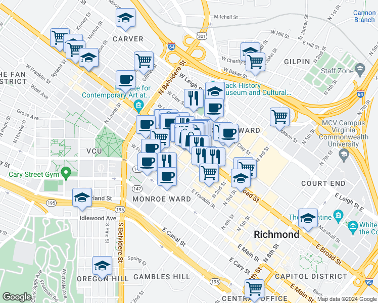 map of restaurants, bars, coffee shops, grocery stores, and more near in Richmond