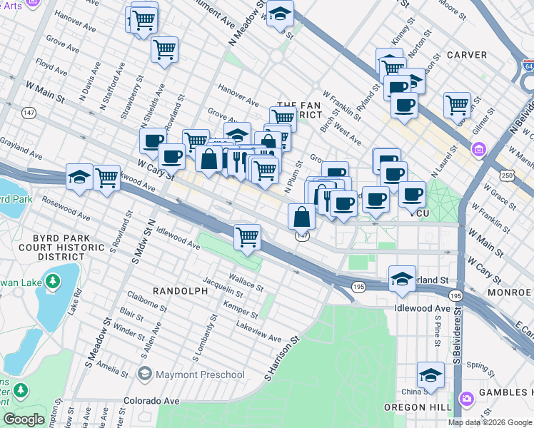 map of restaurants, bars, coffee shops, grocery stores, and more near 20 South Plum Street in Richmond