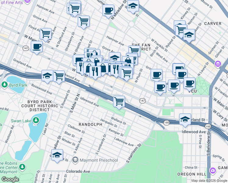 map of restaurants, bars, coffee shops, grocery stores, and more near in Richmond