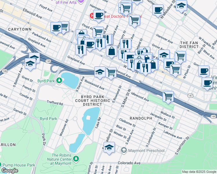 map of restaurants, bars, coffee shops, grocery stores, and more near 408 South Shields Avenue in Richmond