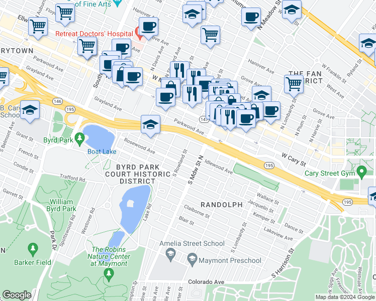 map of restaurants, bars, coffee shops, grocery stores, and more near 2022 Idlewood Avenue in Richmond