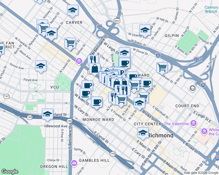 map of restaurants, bars, coffee shops, grocery stores, and more near 115 West Broad Street in Richmond