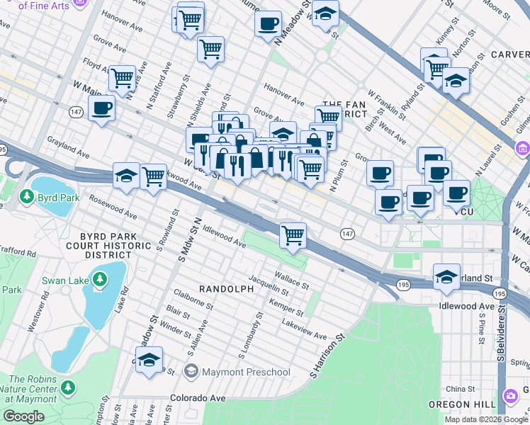 map of restaurants, bars, coffee shops, grocery stores, and more near in Richmond