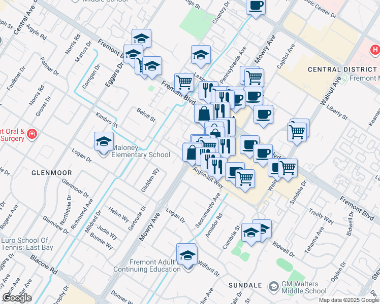 map of restaurants, bars, coffee shops, grocery stores, and more near 4205 Mowry Avenue in Fremont