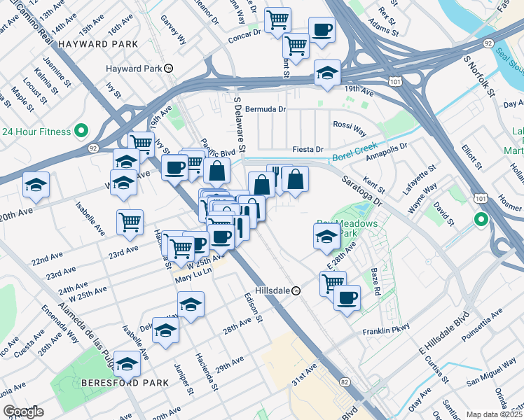 map of restaurants, bars, coffee shops, grocery stores, and more near 2495 South Delaware Street in San Mateo