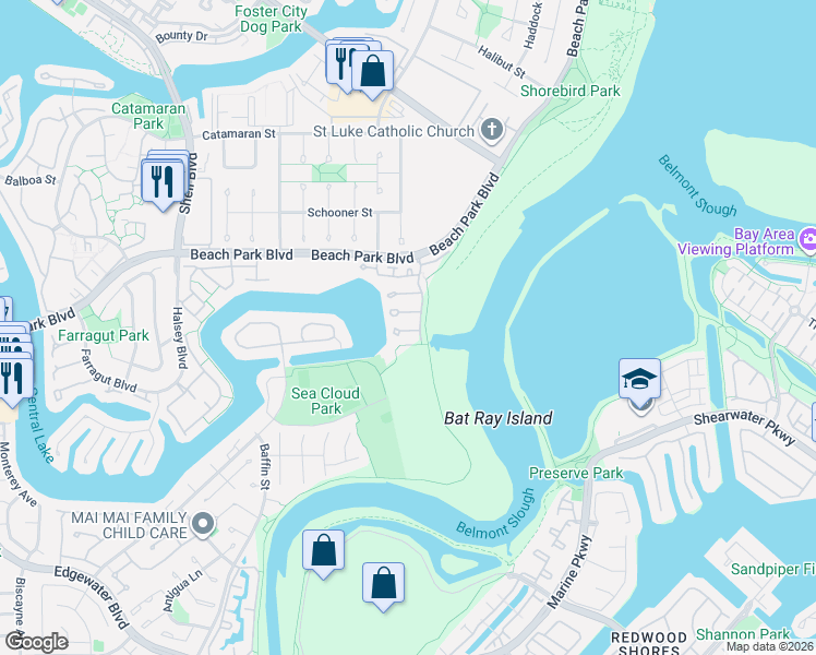 map of restaurants, bars, coffee shops, grocery stores, and more near 1055 Helm Lane in Foster City