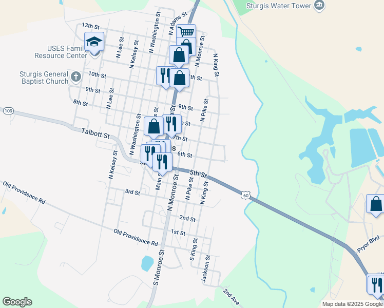 map of restaurants, bars, coffee shops, grocery stores, and more near 600-698 North Pike Street in Sturgis