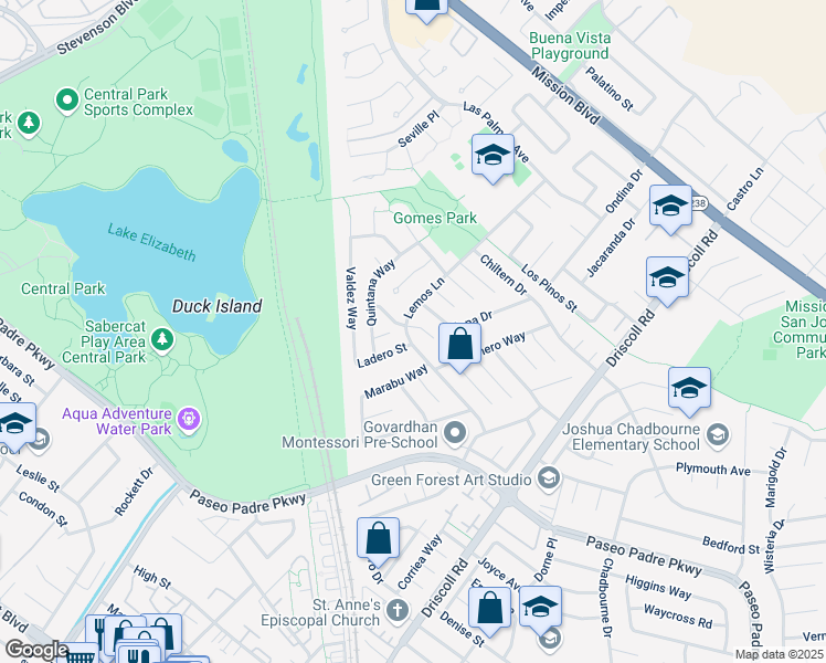 map of restaurants, bars, coffee shops, grocery stores, and more near 40740 Marino Court in Fremont