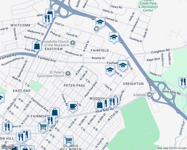 map of restaurants, bars, coffee shops, grocery stores, and more near 2501 Peter Paul Boulevard in Richmond