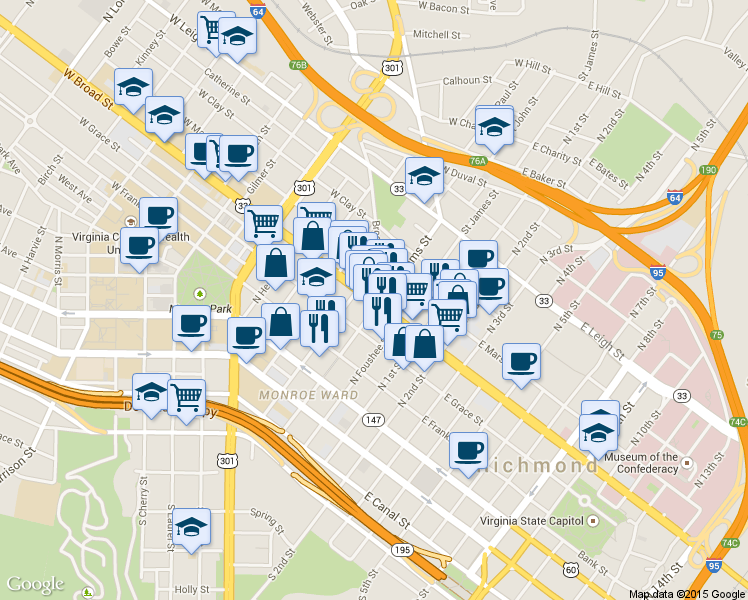 map of restaurants, bars, coffee shops, grocery stores, and more near in Richmond
