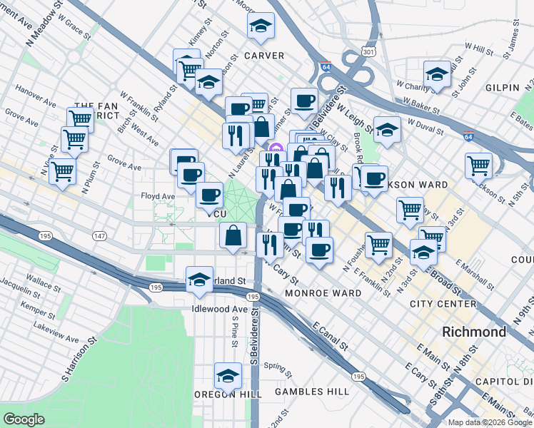 map of restaurants, bars, coffee shops, grocery stores, and more near 501 West Franklin Street in Richmond
