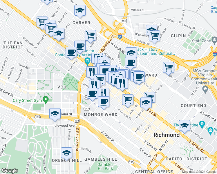 map of restaurants, bars, coffee shops, grocery stores, and more near 200 West Grace Street in Richmond