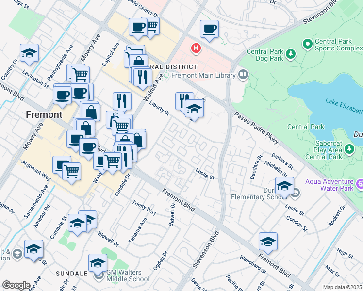 map of restaurants, bars, coffee shops, grocery stores, and more near 3513 Braxton Common in Fremont
