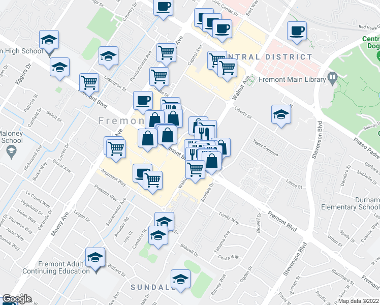 map of restaurants, bars, coffee shops, grocery stores, and more near 39360 Fremont Boulevard in Fremont