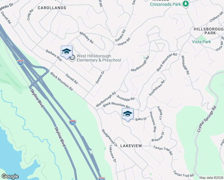 map of restaurants, bars, coffee shops, grocery stores, and more near 1560 Marlborough Road in Hillsborough
