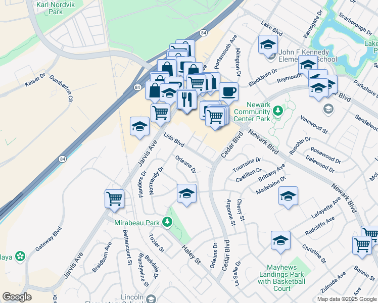 map of restaurants, bars, coffee shops, grocery stores, and more near 35175 Lido Boulevard in Newark