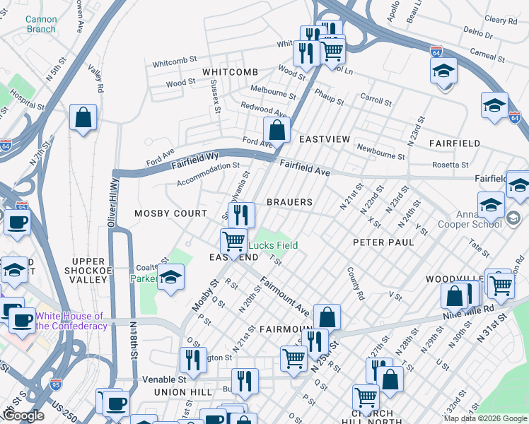map of restaurants, bars, coffee shops, grocery stores, and more near 1436 Rogers Street in Richmond