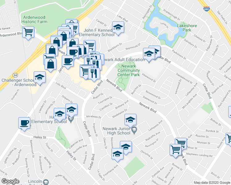 map of restaurants, bars, coffee shops, grocery stores, and more near 6067 Tourraine Drive in Newark