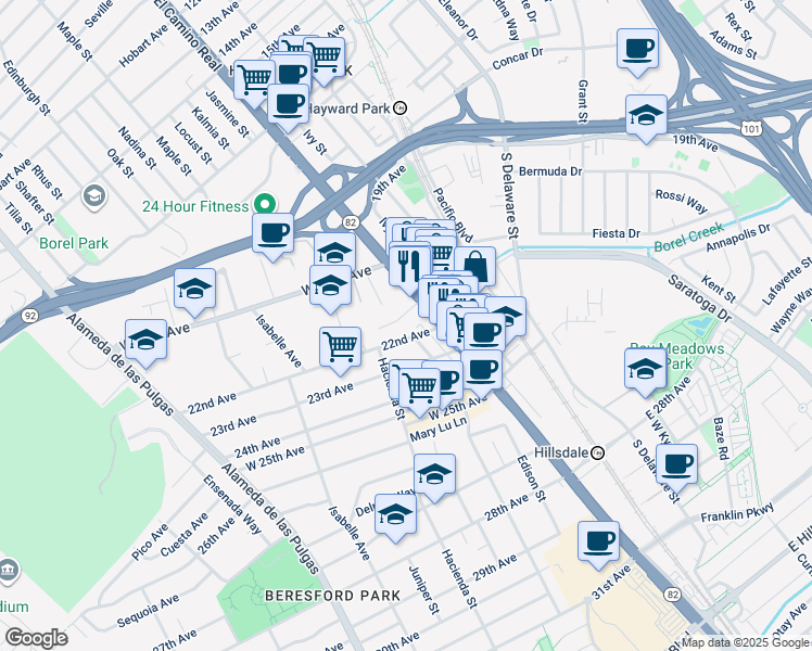 map of restaurants, bars, coffee shops, grocery stores, and more near 33 Lodato Avenue in San Mateo