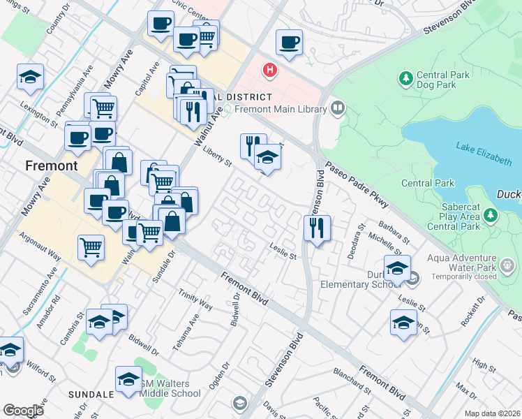 map of restaurants, bars, coffee shops, grocery stores, and more near 3567 Dayton Common in Fremont
