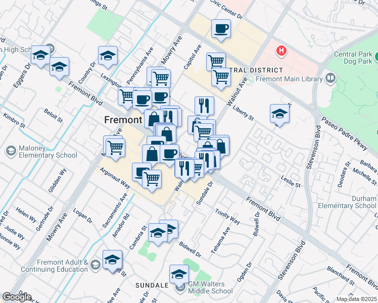 map of restaurants, bars, coffee shops, grocery stores, and more near 39360 Fremont Boulevard in Fremont