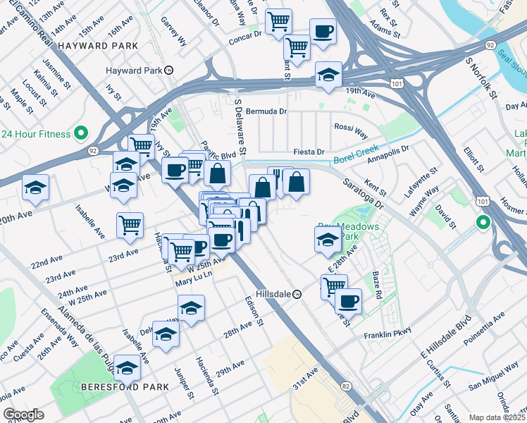 map of restaurants, bars, coffee shops, grocery stores, and more near 2495 South Delaware Street in San Mateo