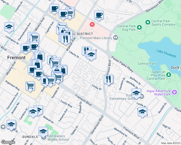 map of restaurants, bars, coffee shops, grocery stores, and more near 3585 Dayton Common in Fremont