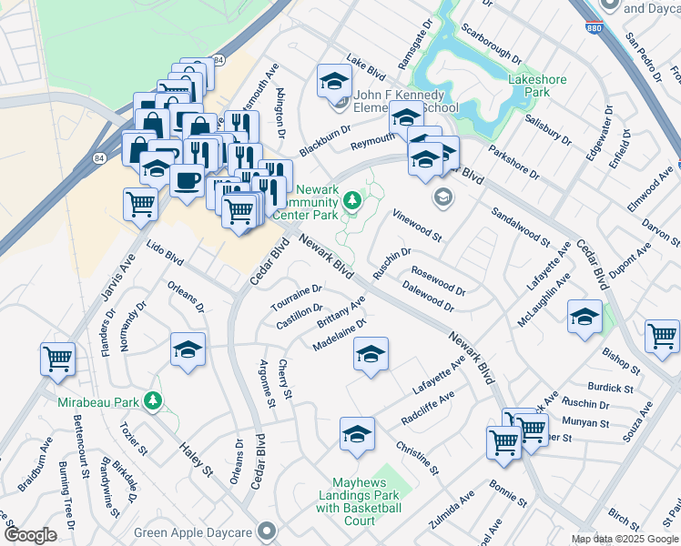 map of restaurants, bars, coffee shops, grocery stores, and more near 35644 Newark Boulevard in Newark