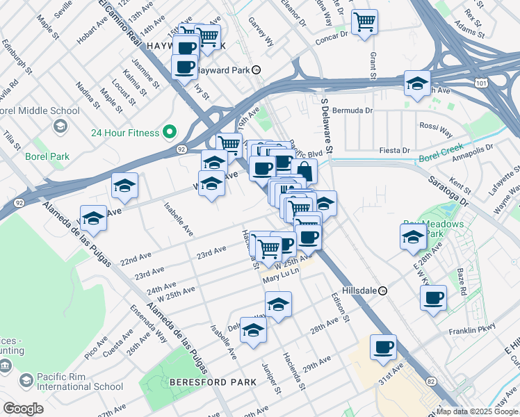 map of restaurants, bars, coffee shops, grocery stores, and more near 2174 South El Camino Real in San Mateo