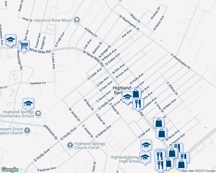 map of restaurants, bars, coffee shops, grocery stores, and more near 7 South Fern Avenue in Highland Springs