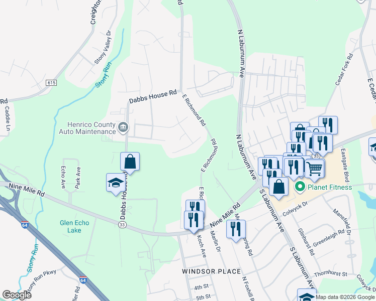 map of restaurants, bars, coffee shops, grocery stores, and more near 3929 Battersea Place in Richmond