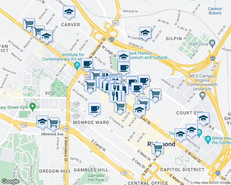 map of restaurants, bars, coffee shops, grocery stores, and more near 11 West Marshall Street in Richmond