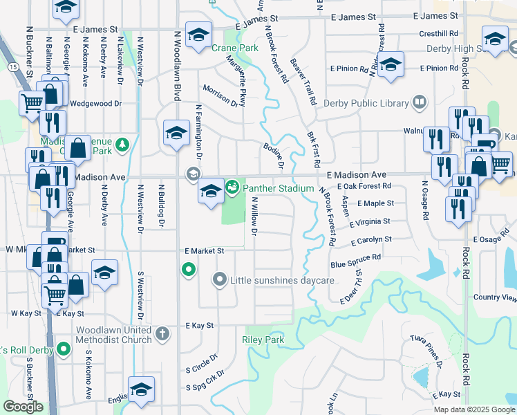 map of restaurants, bars, coffee shops, grocery stores, and more near 1000 East Post Oak Street in Derby
