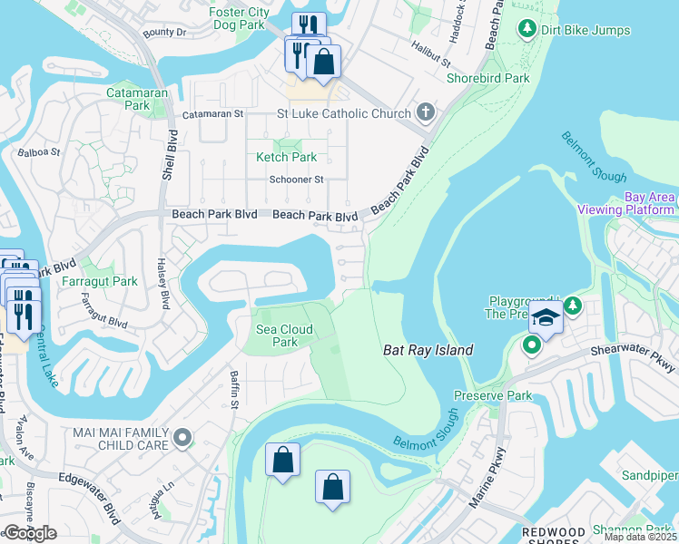 map of restaurants, bars, coffee shops, grocery stores, and more near 1024 Rudder Lane in Foster City