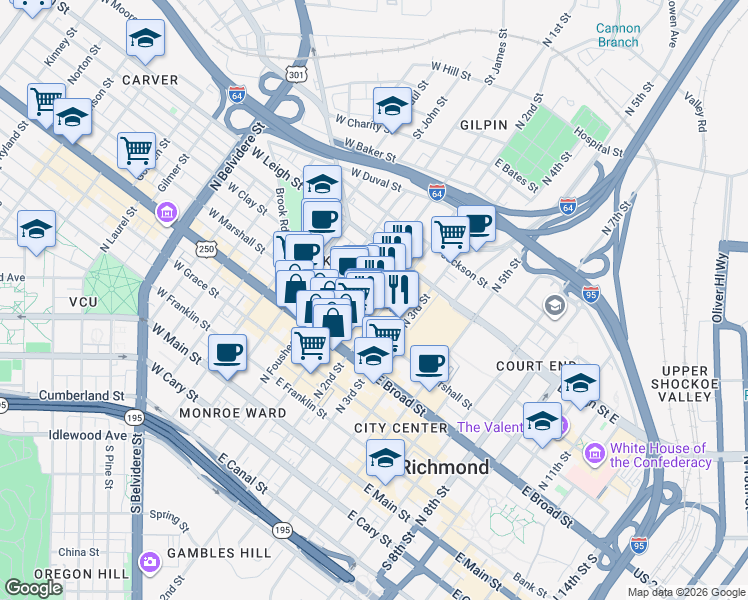 map of restaurants, bars, coffee shops, grocery stores, and more near 107 East Clay Street in Richmond
