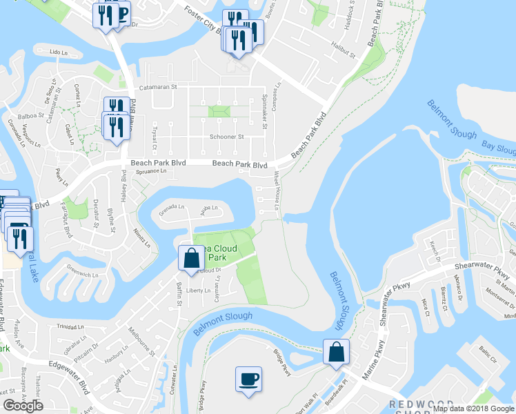 map of restaurants, bars, coffee shops, grocery stores, and more near 1024 Rudder Lane in Foster City