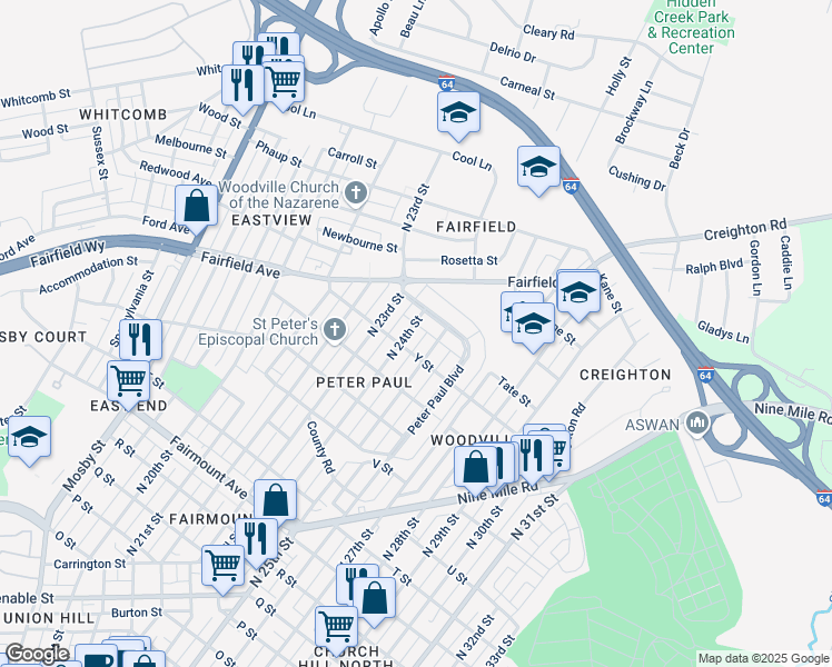 map of restaurants, bars, coffee shops, grocery stores, and more near 1907 North 24th Street in Richmond