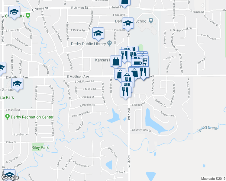 map of restaurants, bars, coffee shops, grocery stores, and more near 214 North Osage Road in Derby