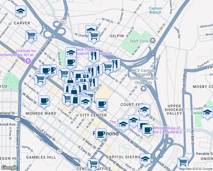 map of restaurants, bars, coffee shops, grocery stores, and more near 600 North 4th Street in Richmond