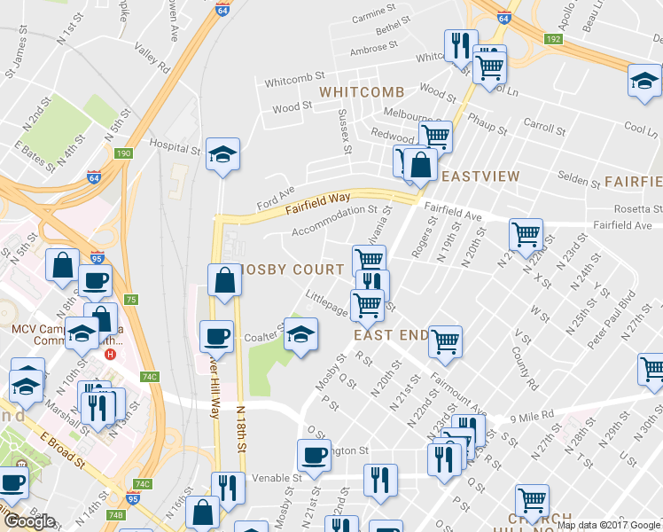 map of restaurants, bars, coffee shops, grocery stores, and more near 2106 Redd Street in Richmond