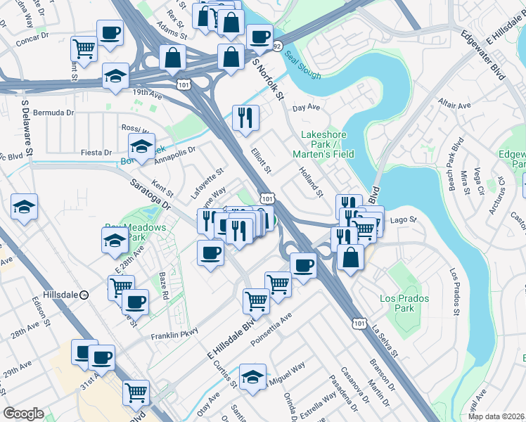 map of restaurants, bars, coffee shops, grocery stores, and more near 1373 Wayne Way in San Mateo