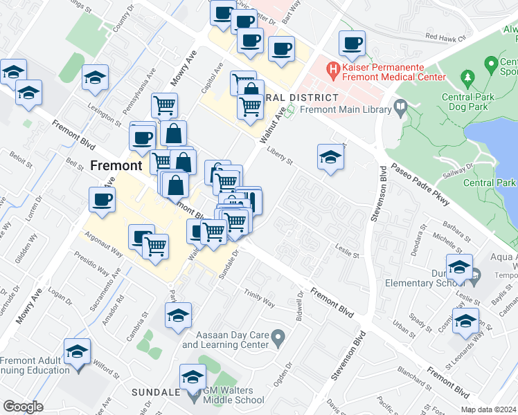 map of restaurants, bars, coffee shops, grocery stores, and more near 39001 Sundale Drive in Fremont